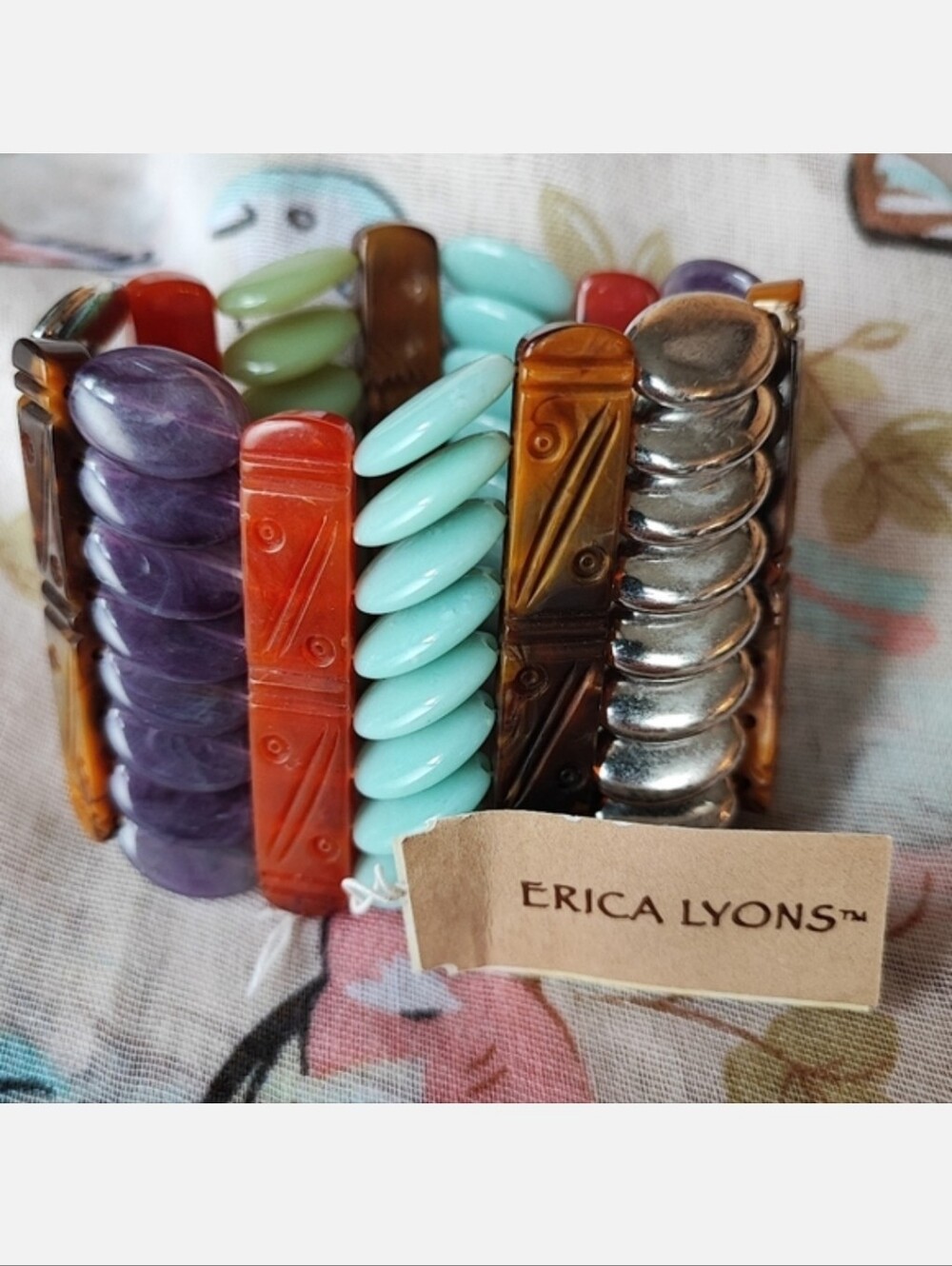 Erica Lyons Carved Plastic Blue Purple Silver Marbled Brown Stretch Bracelet NWT